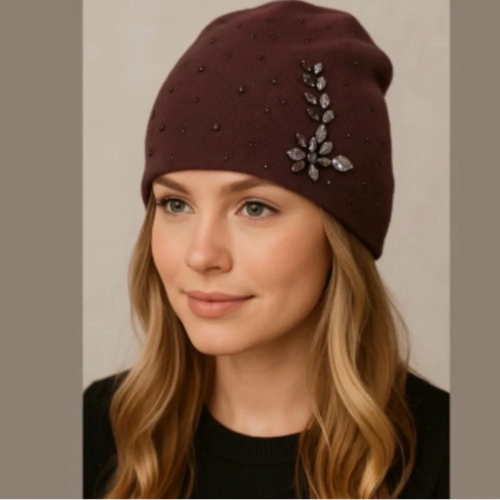 Wool blend  Burgundy Beanie with rhinestone Gem Details